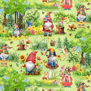 Può includere: Un'illustrazione stravagante con numerosi gnomi da giardino in un ambiente verdeggiante. Gli gnomi, adornati con cappelli e abiti patchwork colorati, sono circondati da fiori, farfalle e piccoli animali del bosco. La scena evoca un'atmosfera allegra e fiabesca.