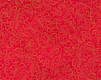 Robert Kaufman - Joli Bijou - Swirls Crimson Gold - Metallic Cotton Fabric