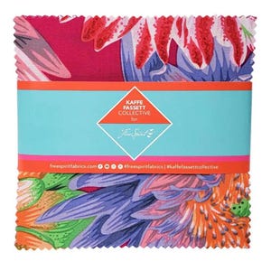 May include: A pack of fabric squares featuring a colorful floral print with pink, orange, green, and purple hues. The fabric is labeled "Kaffee Fassett Collective for Free Spirit".