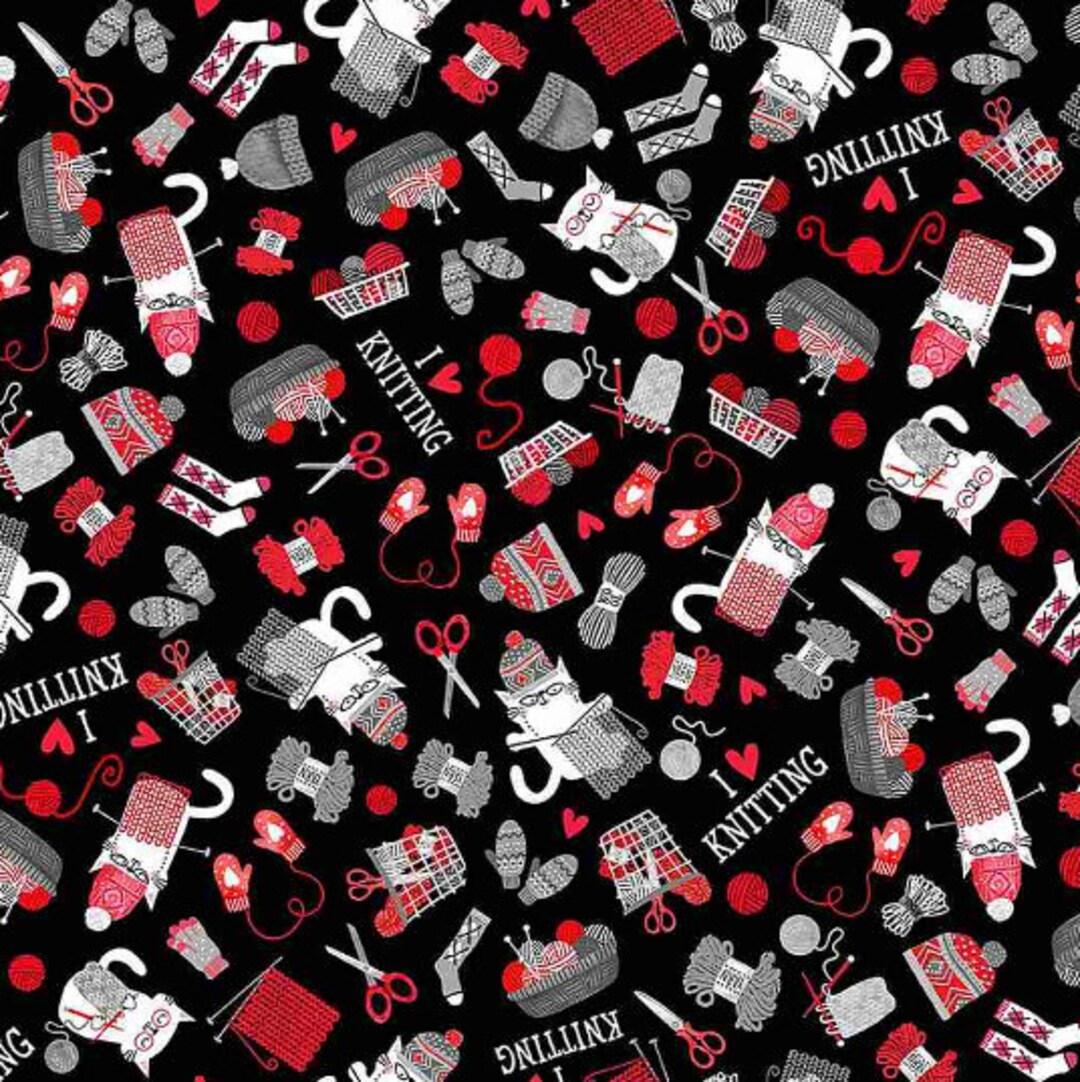 Timeless Treasures Be Brave Knitting Cats Fabric by Gail Cadden Digital