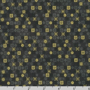 Traditional Trimmings - Gold Snowflakes on Black Fabric - Metallic Cotton Fabric