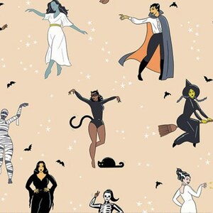 May include: A colorful illustration of various Halloween characters on a light peach background. The characters include a witch, a vampire, a mummy, a skeleton, a cat, and a ghost. The illustration is perfect for Halloween decorations or crafts.