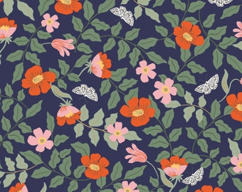 Erdbeerfelder Rayon-Stoff: Rifle Paper Co. Primrose Navy Floral