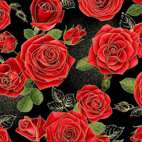 Timeless Treasures - Gilded Rose - Gilded Red Metallic Roses Medium by Chong-a Hwang - Metallic - Cotton Fabric