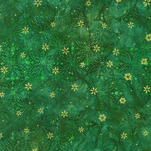 May include: Green fabric featuring a repeating pattern of small, yellow flowers and geometric shapes. The fabric has a mottled appearance, with variations in the green colour, creating a textured look. The design is reminiscent of batik or hand-dyed textiles.