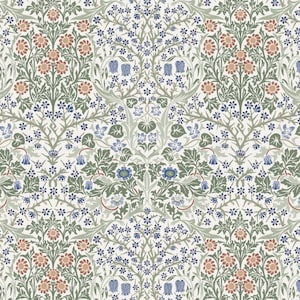 May include: A repeating floral pattern featuring stylized flowers and foliage in shades of green, blue, and rust against a cream background. The design includes detailed leaves, small blossoms, and larger, circular flower clusters.