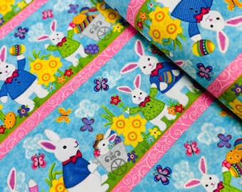 Easter Stripe Cotton Fabric: Bunny Chick Egg Print - Hello Spring Collection