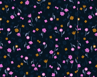 Neko and Tori Rayon Fabric: Flower Picking Night Fabric by Itsuko Naka