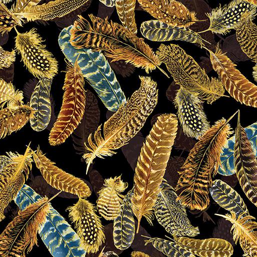 Harvest Festival Gilded Feathers Black Gold Metallic Fabric | Benartex Kanvas Studio | Quilting Cotton | Fall Feather Print