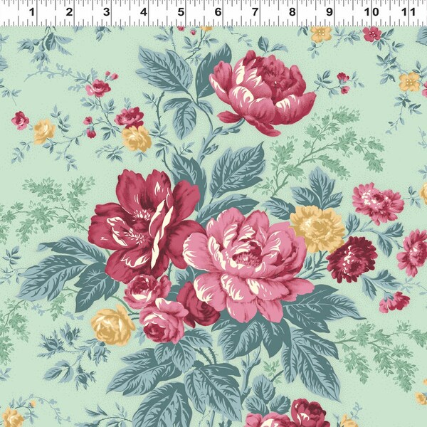 Clothworks - Rosehill - Floral Light Turquoise Fabric by Skipping Stone Studio - Cotton Fabric