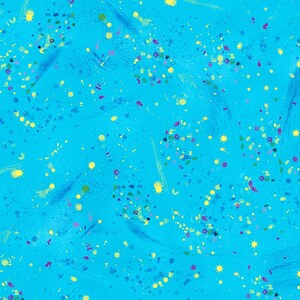 May include: Abstract blue background with a scattered pattern of yellow, pink, green, and blue dots and dashes.