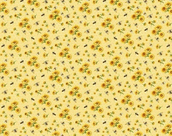 Timeless Treasures - Honey Bee Farm - Bee and Sunflower Bouquets Fabric by Gail Cadden - Digital Print - Cotton Fabric