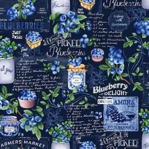 Blueberry Delight - Blueberry Chalkboard Fabric - Digital Print - Cotton Fabric