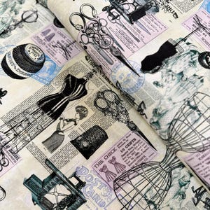 Sewing Studio Fabric – Sewing Collage Cotton for Quilting & Apparel – Spools, Needles, Scissors Print