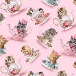 May include: A pink background with a repeating pattern of kittens in teacups and teapots. The kittens are wearing crowns and bows. The teacups and teapots are decorated with floral patterns.