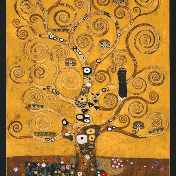 23" Panel - Robert Kaufman - Gustav Klimt - Tree of Life Panel - Gold Metallic Cotton Fabric - Vendu par le panneau (23" x 42")