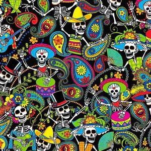 Day of the Dead - Packed Day of the Dead Skeletons Fabric - Cotton Fabric