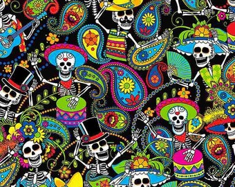 Day of the Dead Skeletons Fabric – Colorful Cotton Print