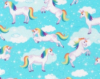 Unicornios encantados - Aguamarina con purpurina plateada - Tela de algodón