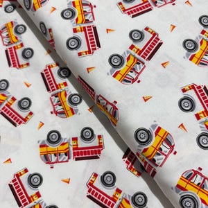 Glow in the Dark - Save the Day - Fire Engines on White Fabric by Kanvas Studio - Cotton Fabric