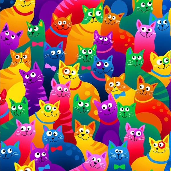 Timeless Treasures - Crazy for Cats - Packed Bright Rainbow Cats - Cotton Fabric