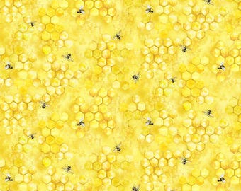 Tissu en coton de la ferme des abeilles : abeilles volantes sur des nids d'abeilles