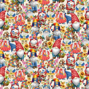 May include: A repeating pattern of colorful gnomes with white beards, wearing plaid hats and holding flowers. The gnomes are surrounded by sunflowers, mushrooms, and jars. The gnomes are wearing red, blue, yellow, and green clothing.