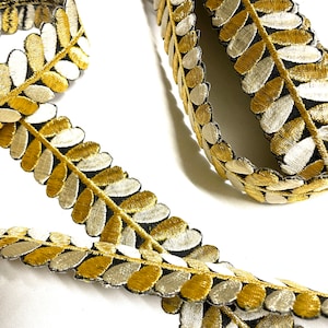 Iron-on Metallic Gold and Cream Leaf Lace Trim with adhesive back -*Sold by the Yard*
