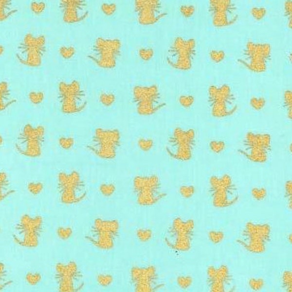 Michael Miller - Glitter Critters - Nice Mice on Aqua/Gold Glitter - Metallic Cotton Fabric