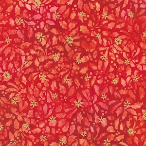 May include: Red fabric featuring a repeating pattern of stylized leaves and small flowers in shades of red, orange, and gold. The design has a batik-like appearance, with variations in colour intensity creating depth and texture. The overall effect is a vibrant, floral design.