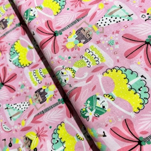 May include: Pink fabric with a repeating pattern of cartoon figures in green, yellow, and black dresses. The figures are dancing and holding musical instruments. The background is filled with pink flowers and palm trees.
