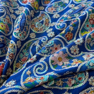 Blue Paisley Embroidered Crepe Silk Fabric | Sequin Detailing | 36&quot; Wide