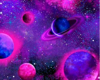 Tela de algodón con diseño cósmico de planetas rosas y morados