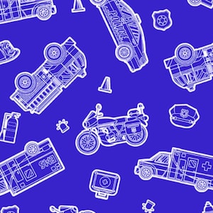 Glow in the Dark - Save the Day - Glowing Rescue Vehicles on Blue Fabric by Kanvas Studio - Cotton Fabric