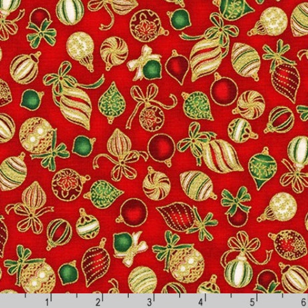 Robert Kaufman - Holiday Charms - Holiday Ornaments Red Gold - Metallic Cotton Fabric