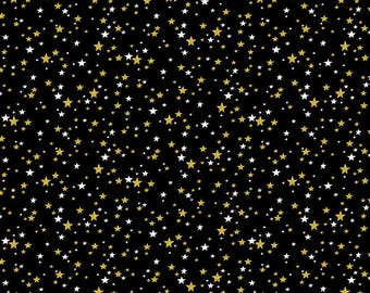 Metallic Gold Stars Christmas Cotton Fabric: Timeless Treasures Black Material