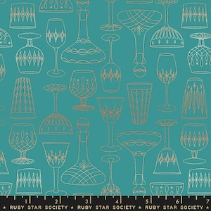 May include: Teal blue background with a repeating pattern of gold outline glasses and decanters. The pattern includes various shapes and sizes of glasses, including wine glasses, champagne flutes, and decanters.
