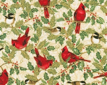 Robert Kaufman - Winter's Grandeur 8 - Holiday Birds and Leaves Metallic Fabric by Liza Bae Studio - Metallic - Cotton Fabric