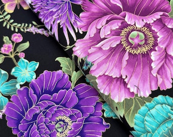 Shizuka – Tela metalizada con flores y mariposas asiáticas de Chong-a Hwang para Timeless Treasures / 100 % algodón