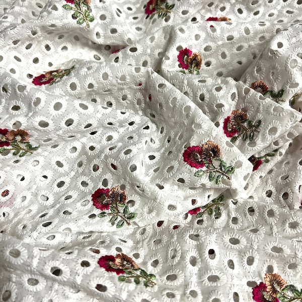 White Cotton Floral Embroidered Fabric - Cotton Fabric