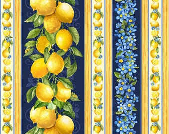 Puede incluir: Una tela a rayas azules y amarillas con un patrón repetitivo de limones y flores azules. Los limones están dispuestos en una línea vertical y las flores en una línea horizontal.