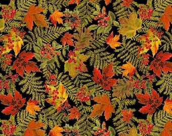 Tessuto di cotone con foglie autunnali metallizzate - Harvest di Timeless Treasures