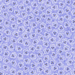 May include: A repeating pattern of small, stylized blue and white flowers with yellow centers on a light purple background. The floral design is densely packed, creating a textured appearance.