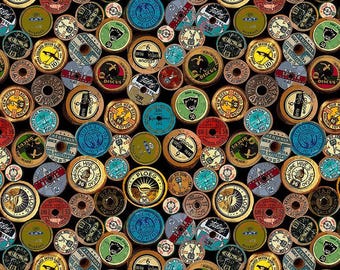 Antique Spool Labels Cotton Fabric - Timeless Treasures Digital Print
