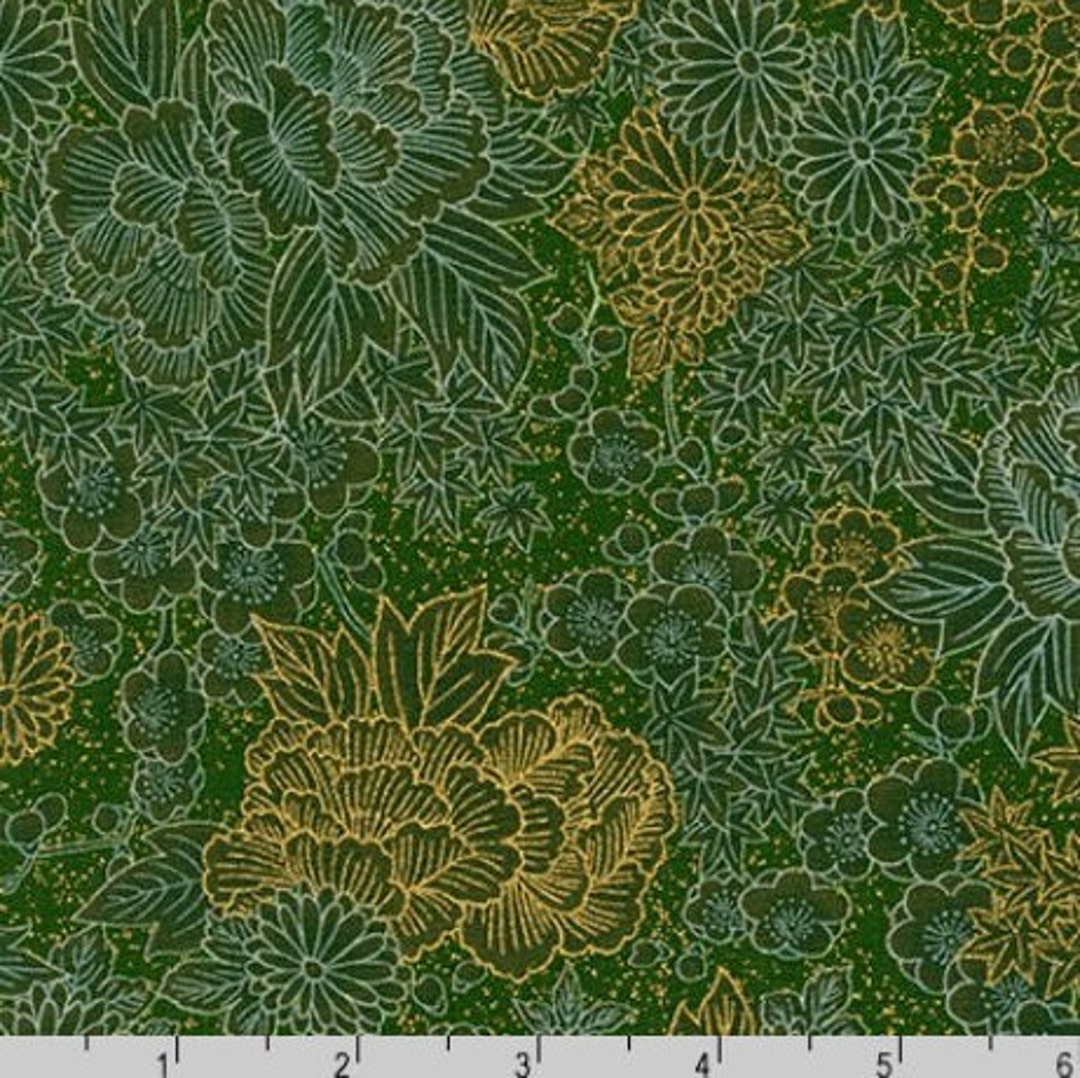 Robert Kaufman Imperial Collection 17 Etched Floral Green Metallic