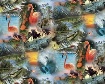 Animal Collage Fabric: Hoffman Call of the Wild Cotton - Citrus Wildlife Print
