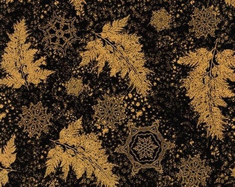 Robert Kaufman - Holiday Flourish 12 - Gold Metallic Foliage on Black by Peggy Toole - Metallic - Cotton Fabric