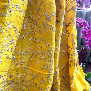 Yellow Embroidered Banarasi Silk Fabric with Sequins