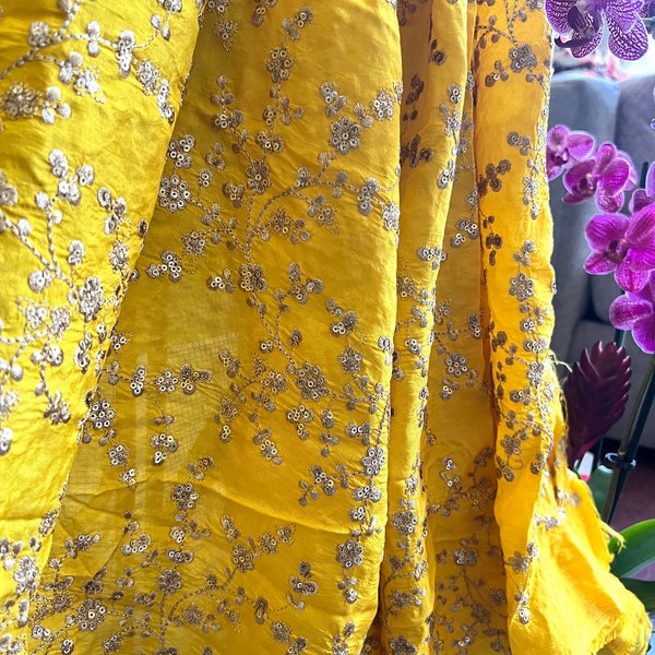 Yellow Embroidered Banarasi Silk Fabric with Sequins