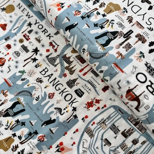 Bon Voyage - Guida della città - Tessuto bianco di Rifle Paper Co. - Tessuto di cotone